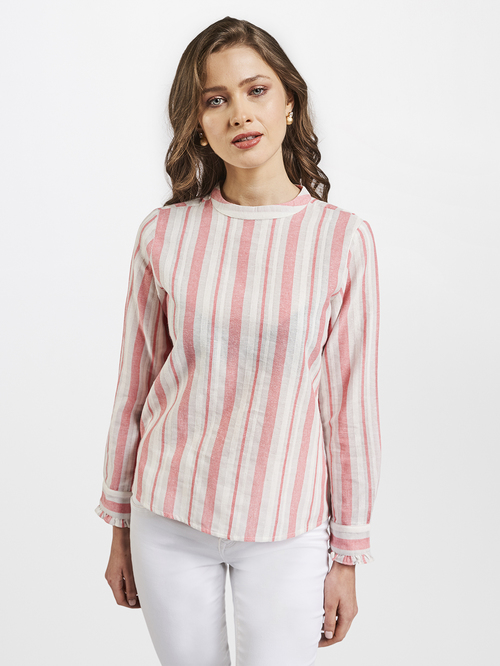 AND Pink & White Striped Top Price in India