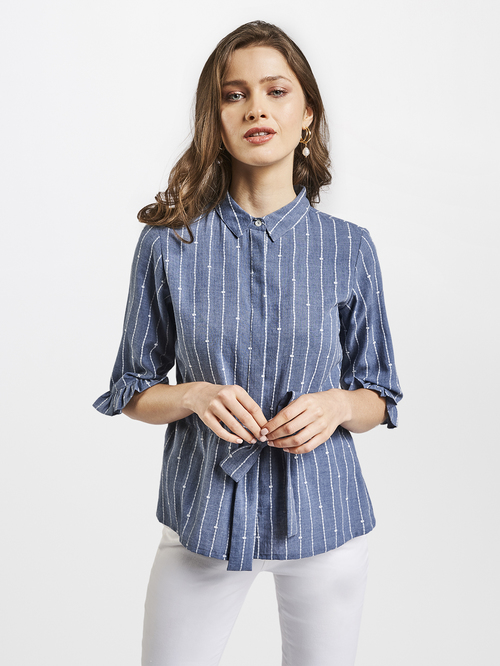 AND Blue & Grey Striped Top Price in India