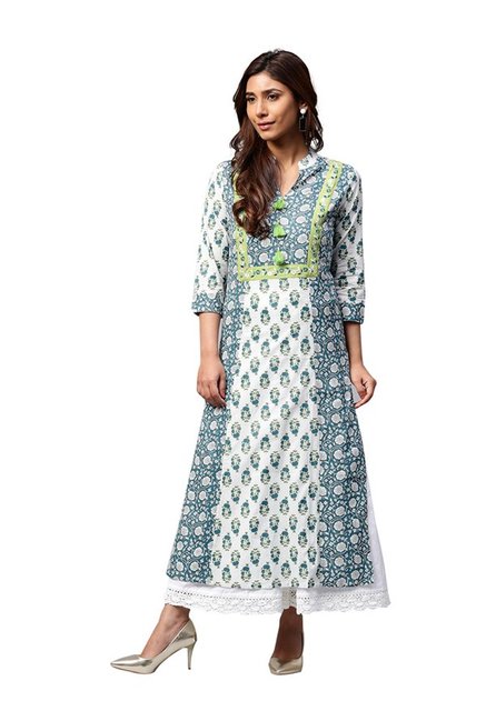 Jaipur Kurti Off White & Blue Printed Cotton Kurta Price in India