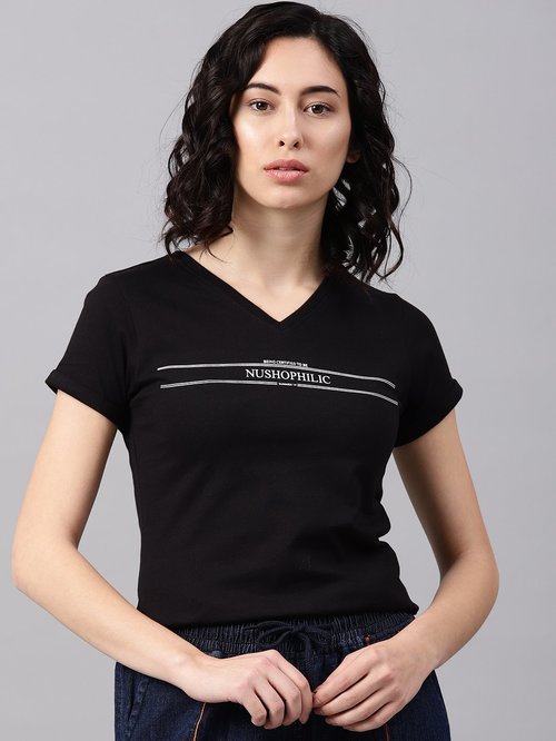 NUSH Black Printed T-Shirt Price in India