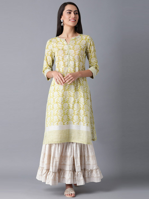 W Olive Green Cotton Floral Print Straight Kurta Price in India