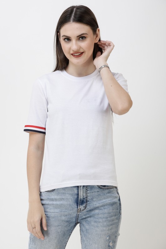 Solid Women Round Neck White T-Shirt Price in India