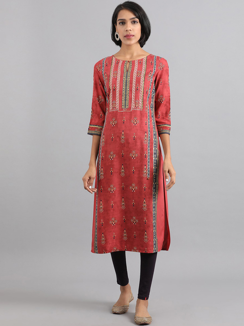 W Pink Floral Print Straight Kurta Price in India