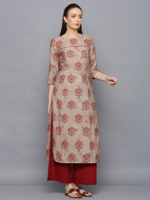 Amaiva Brown & Maroon Cotton Floral Print Kurta Palazzo Set Price in India