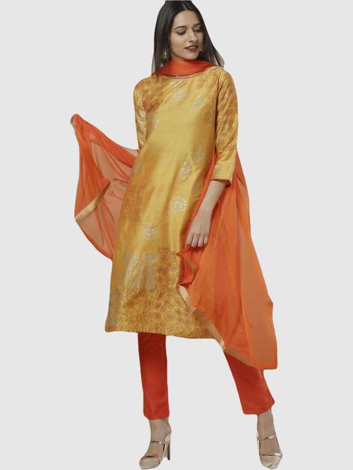 Imara Yellow & Orange Printed Kurta Pant Set With Dupatta Price in India