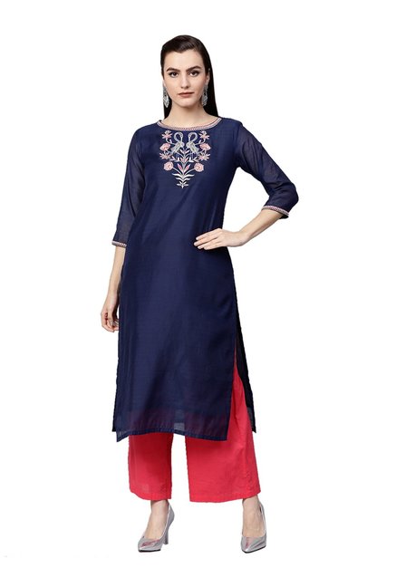 Varanga Navy Embroidered Silk Kurta Price in India