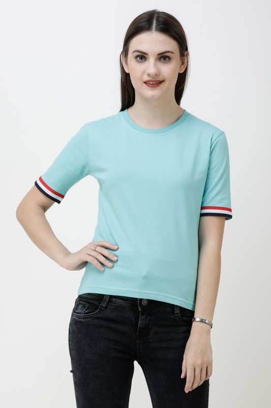 Solid Women Round Neck Light Blue T-Shirt Price in India