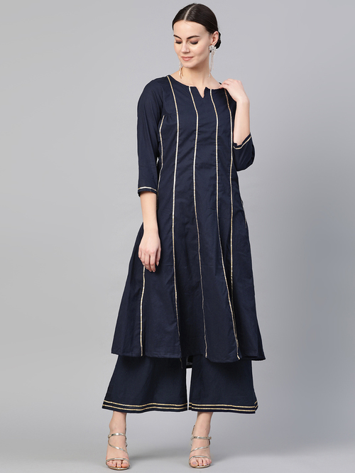 Bhama Couture Navy Cotton Zari Work Kurta Palazzo Set Price in India