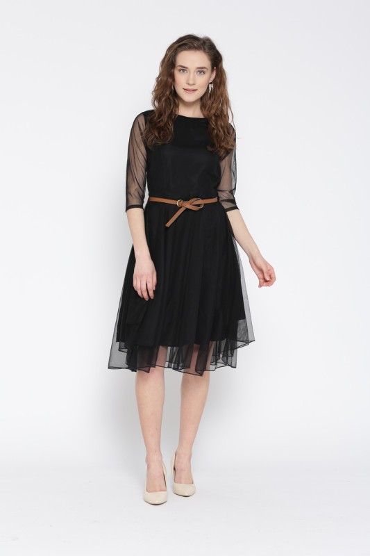 Women Fit and Flare Black Dress Price in India