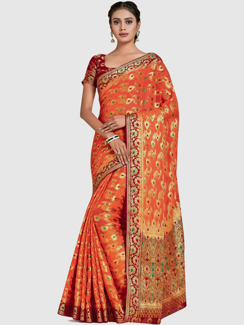 Mimosa Coral Woven Sarees With Blouse Price in India