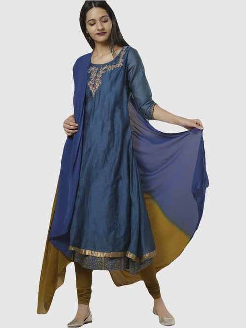 Imara Blue & Brown Embroidered Kurta Churidar Set With Dupatta Price in India