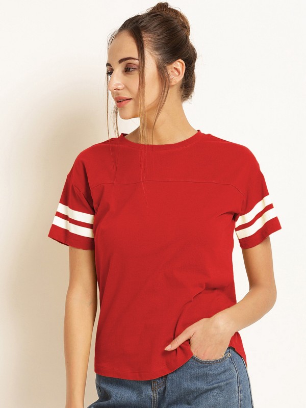 Solid Women Round Neck Red T-Shirt Price in India