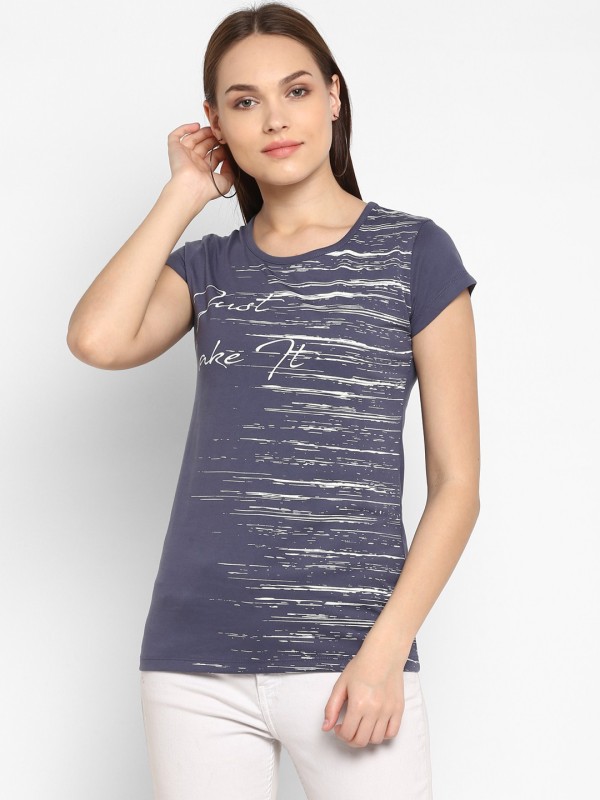 Printed Women Round Neck Dark Blue T-Shirt Price in India