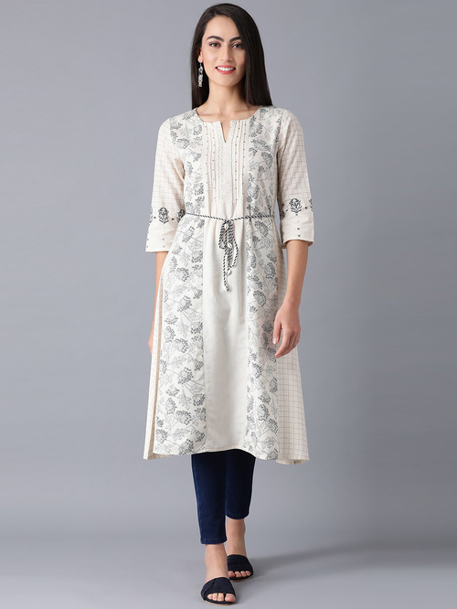 W Beige Cotton Floral Print A Line Kurta Price in India