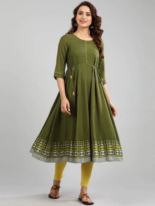 Aurelia Green Striped A Line Kurti Price in India