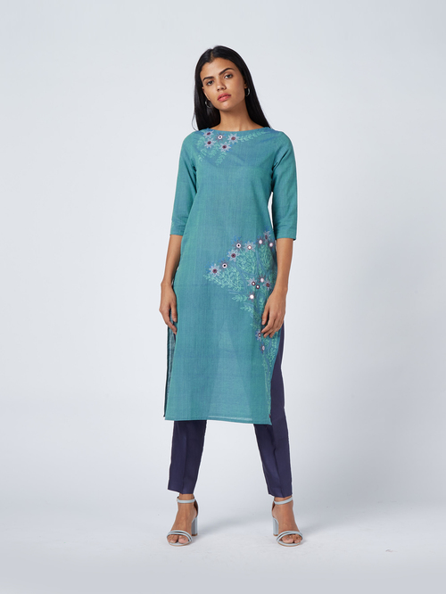 Okhai Sea Green Blue Pure Cotton Hand Embroidered Straight Kurti Price in India