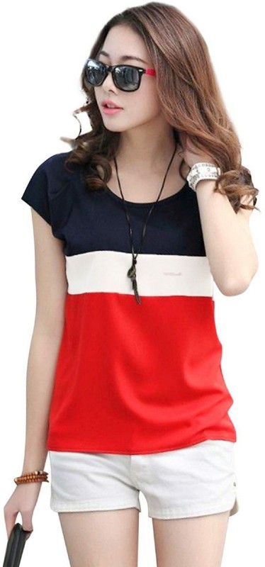 Color Block Women Round Neck Multicolor T-Shirt Price in India