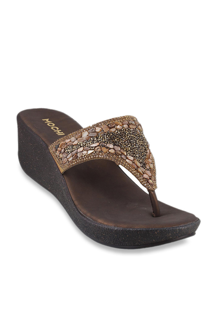 Mochi Antique Gold Thong Wedges Price in India