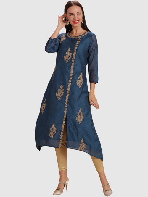 Imara Blue & Beige Embroidered Kurta Churidar Set Price in India