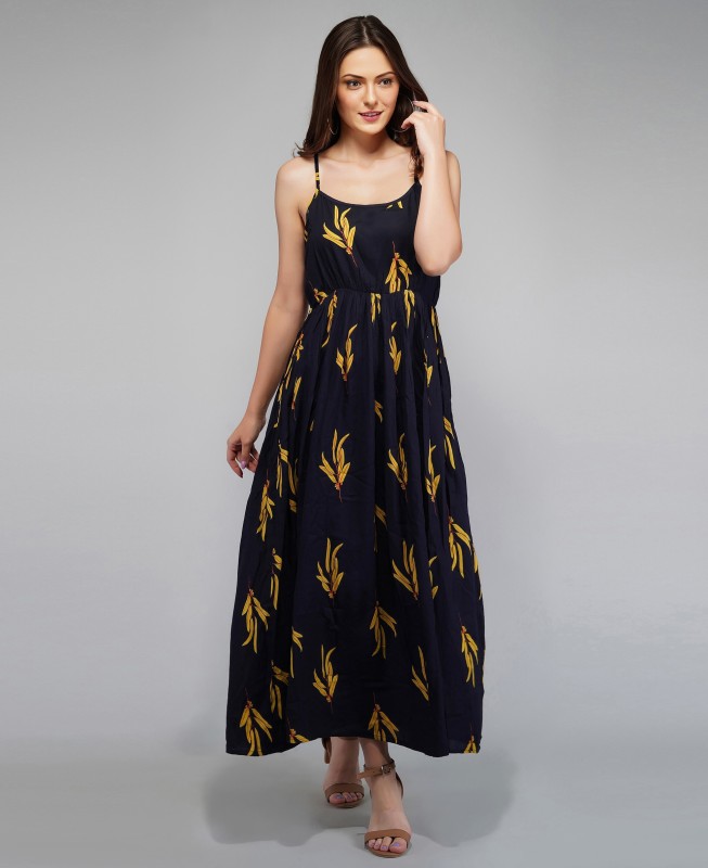 Women Gathered Dark Blue Dress Price in India