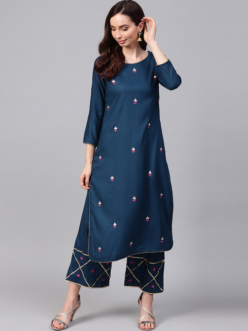 Ishin Teal Blue Embroidered Kurta Palazzo Set Price in India