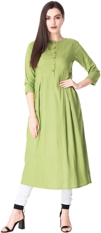 Women Solid Cotton Rayon Blend Flared Kurta Price in India