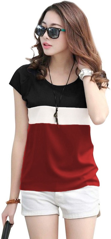 Striped Women Round Neck Multicolor T-Shirt Price in India