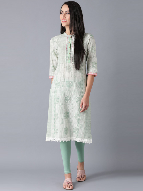 W Mint Green Cotton Printed Straight Kurta Price in India