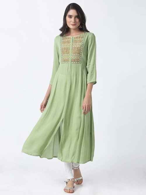 Ethnicity Green Embroidered A Line Kurti Price in India