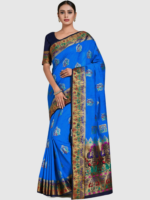 Mimosa Royal Blue Woven Sarees With Blouse Price in India