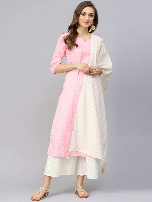 Idalia Baby Pink & White Cotton Printed Kurta Palazzo Set With Dupatta Price in India