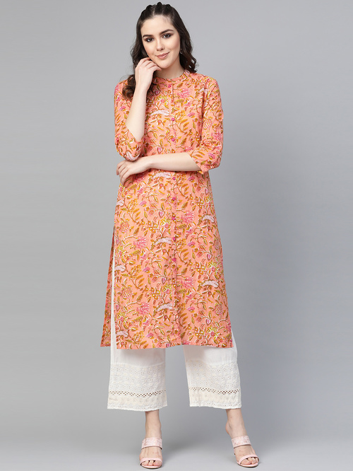 Varanga Peach Cotton Floral Print Straight Kurta Price in India