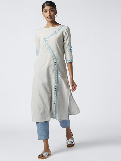 Okhai Serenity Off-White Pure Cotton Embroidered Straight Kurta Price in India