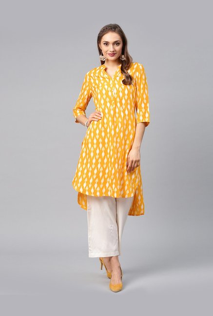 Juniper Yellow Printed High Low Kurti Price in India