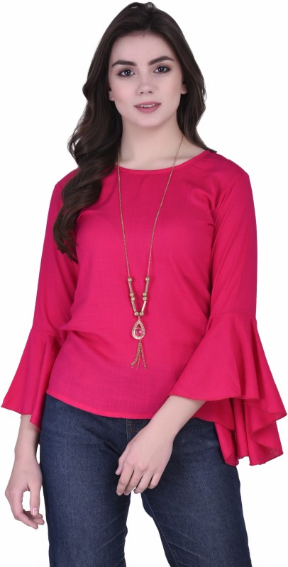 Casual Bell Sleeve Solid Women Pink Top Price in India