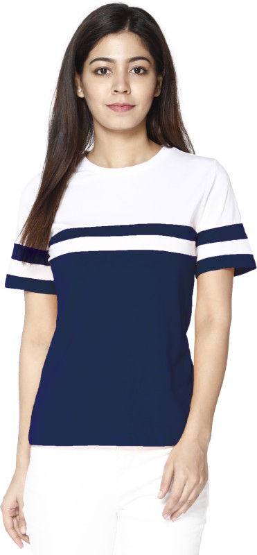 Color Block Women Round Neck White, Blue T-Shirt Price in India