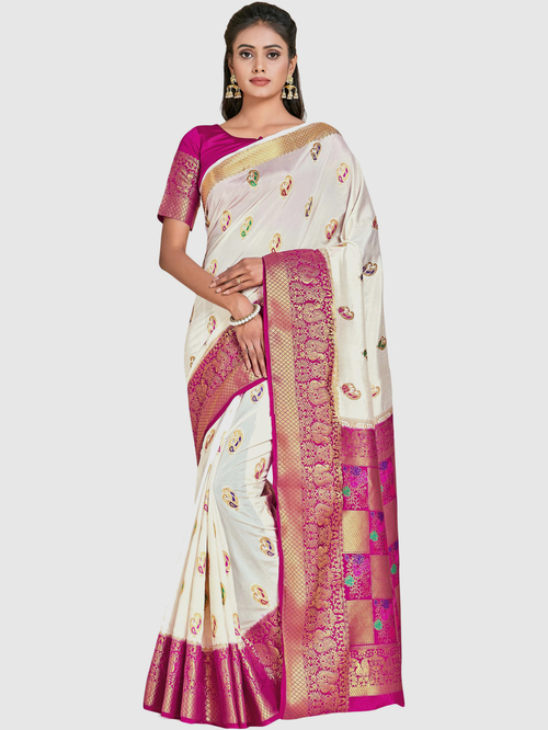 Mimosa Off-White Woven Sarees With Blouse Price in India