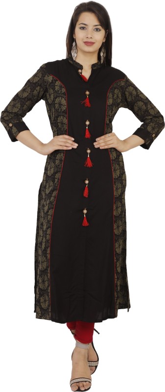 Women Printed, Checkered Cotton Rayon Blend Asymmetric Kurta Price in India