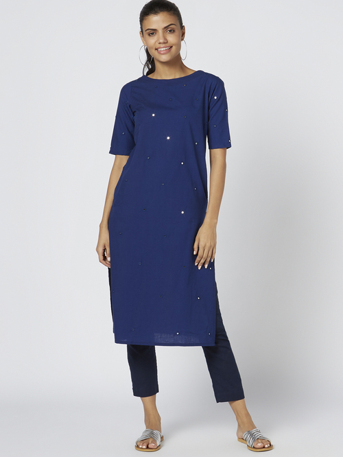 Okhai Ocean Royal Blue Pure Cotton Embellished Straight Kurta Price in India