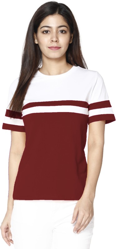 Color Block Women Round Neck White, Maroon T-Shirt Price in India