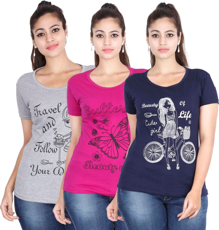 Printed Women Round Neck Multicolor T-Shirt Price in India