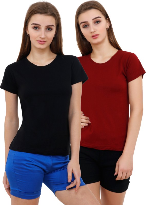 Solid Women Round Neck Maroon, Black T-Shirt Price in India