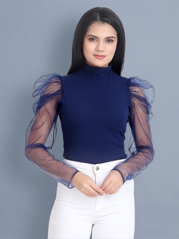 Casual Full Sleeve Solid Women Dark Blue Top Price in India