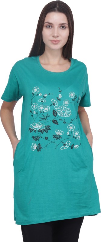 Printed Women Round Neck Green T-Shirt Price in India