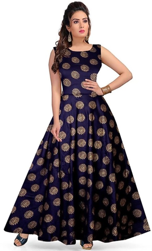 Women Gown Dark Blue, Gold Dress Price in India