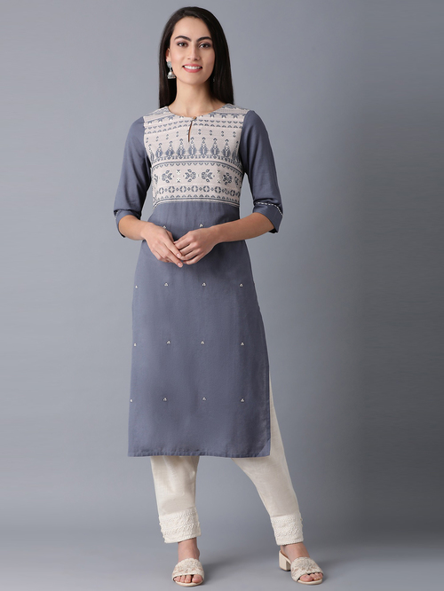 W Blue Cotton Embroidered Straight Kurta Price in India