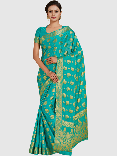 Mimosa Turquoise Woven Sarees With Blouse Price in India