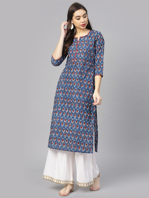 Varanga Navy Cotton Printed Straight Kurti Price in India