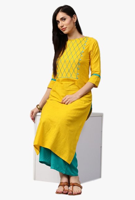 Jaipur Kurti Yellow & Green Textured Kurta With Palazzo Price in India