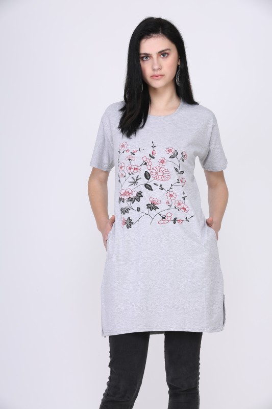 Printed Women Round Neck Grey T-Shirt Price in India